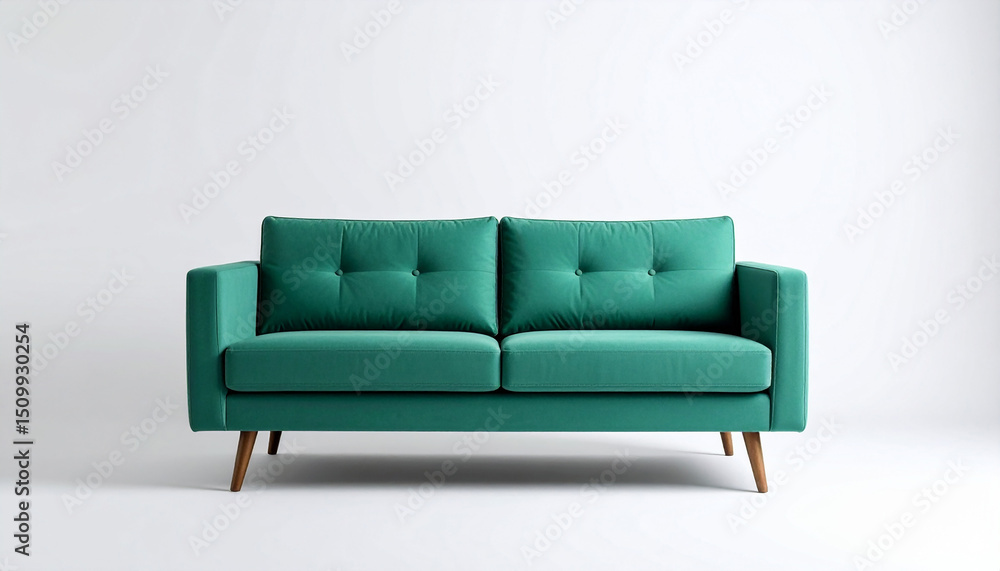 A comfortable green two-person couch facade against a white background. A comfortable green two-person couch facade against a white background.
