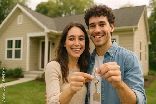 Smiling Couple Holding New House Keys In Front Of Home