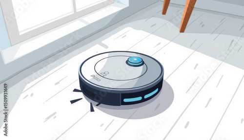 Sleek robot vacuum cleaning minimalist room, modern household convenience