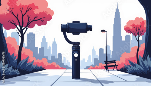 Modern gimbal stabilizer on urban sidewalk, TikTok filming concept
