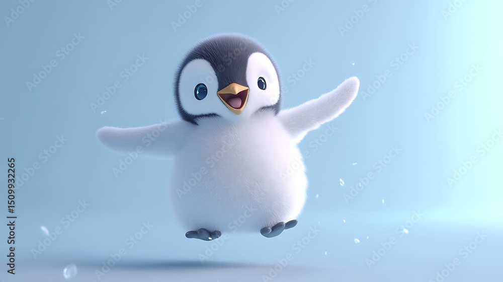 Obraz premium Happy Penguin Character Jumping on Light Blue Background