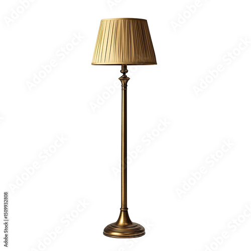 Front view of a vintage-style brass floor lamp isolated on a white transparent background