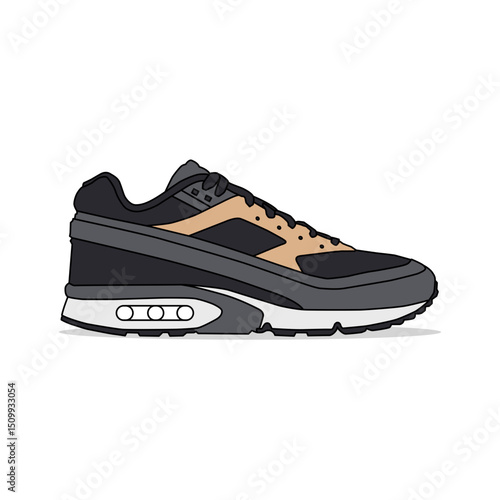 Black, gray, and white sneakers, outlined and isolated on a white background. Suitable for commercial purposes.