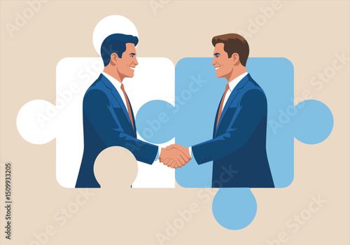 Two businessmen shaking hands in front of blue and white puzzle pieces partnership agreement teamwork vector illustration