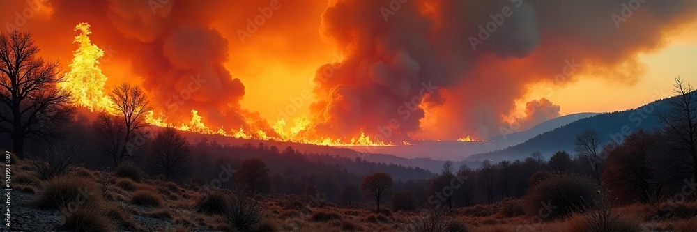 Naklejka premium Fiery inferno engulfs a dry forest, creating a dramatic landscape of destruction and chaos Smoke billows across the horizon, highlighting the severity of the wildfire , damage, grassland