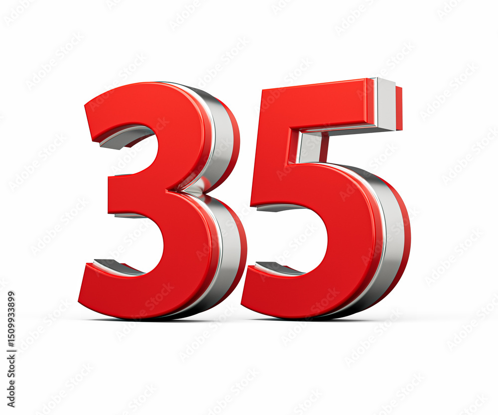 Fototapeta premium Bold Vibrant Red Number Thirty five Number 35 With Metallic On White Background 3D Illustration