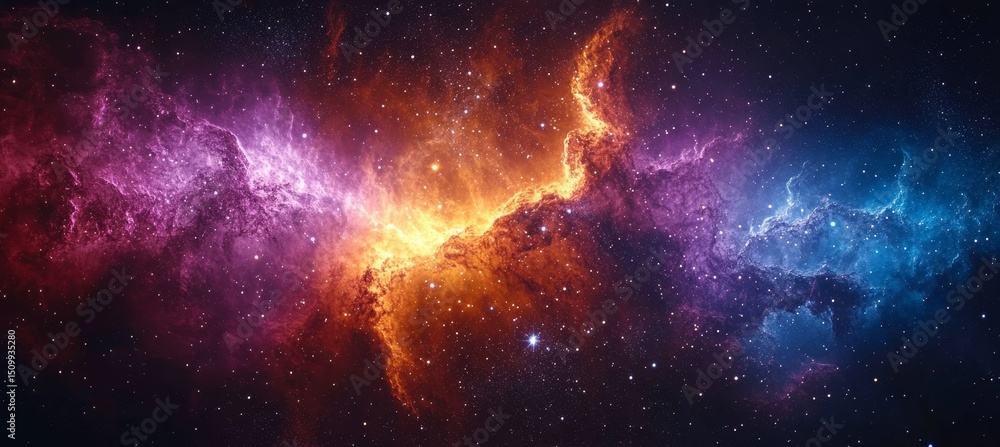 Fototapeta premium Fiery Nebula in Deep Space with Sparkling Stars, Blues, and Golds. Vibrant Cosmic Scene