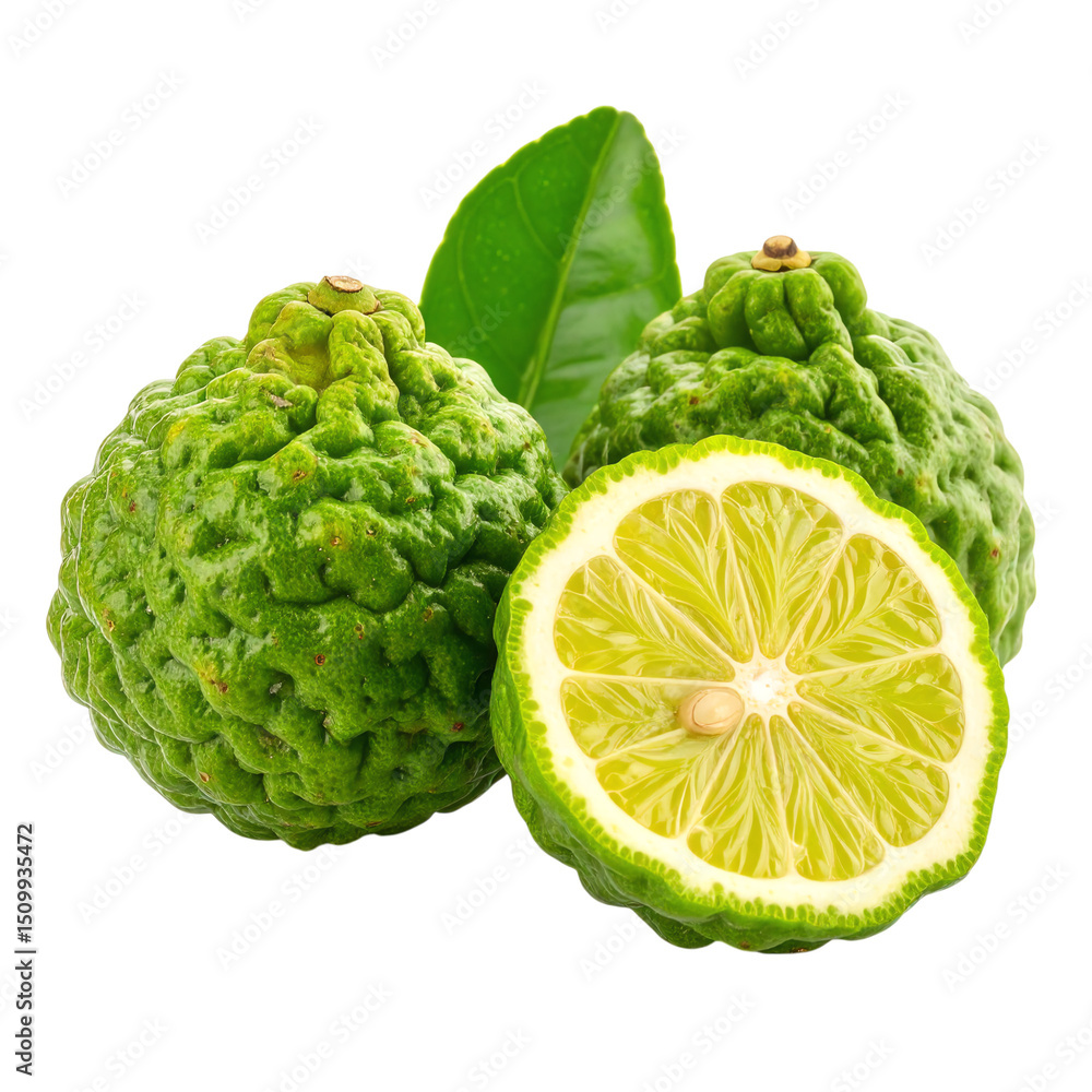 Fototapeta premium Fresh kaffir limes with one cut in half, showing their bumpy green rind and juicy interior