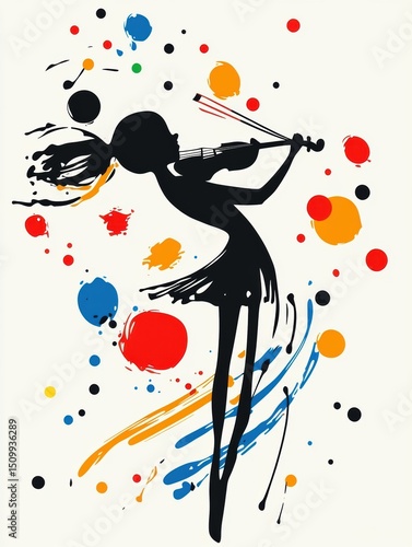 girl dancing and playing violin, black and white, vector graphic