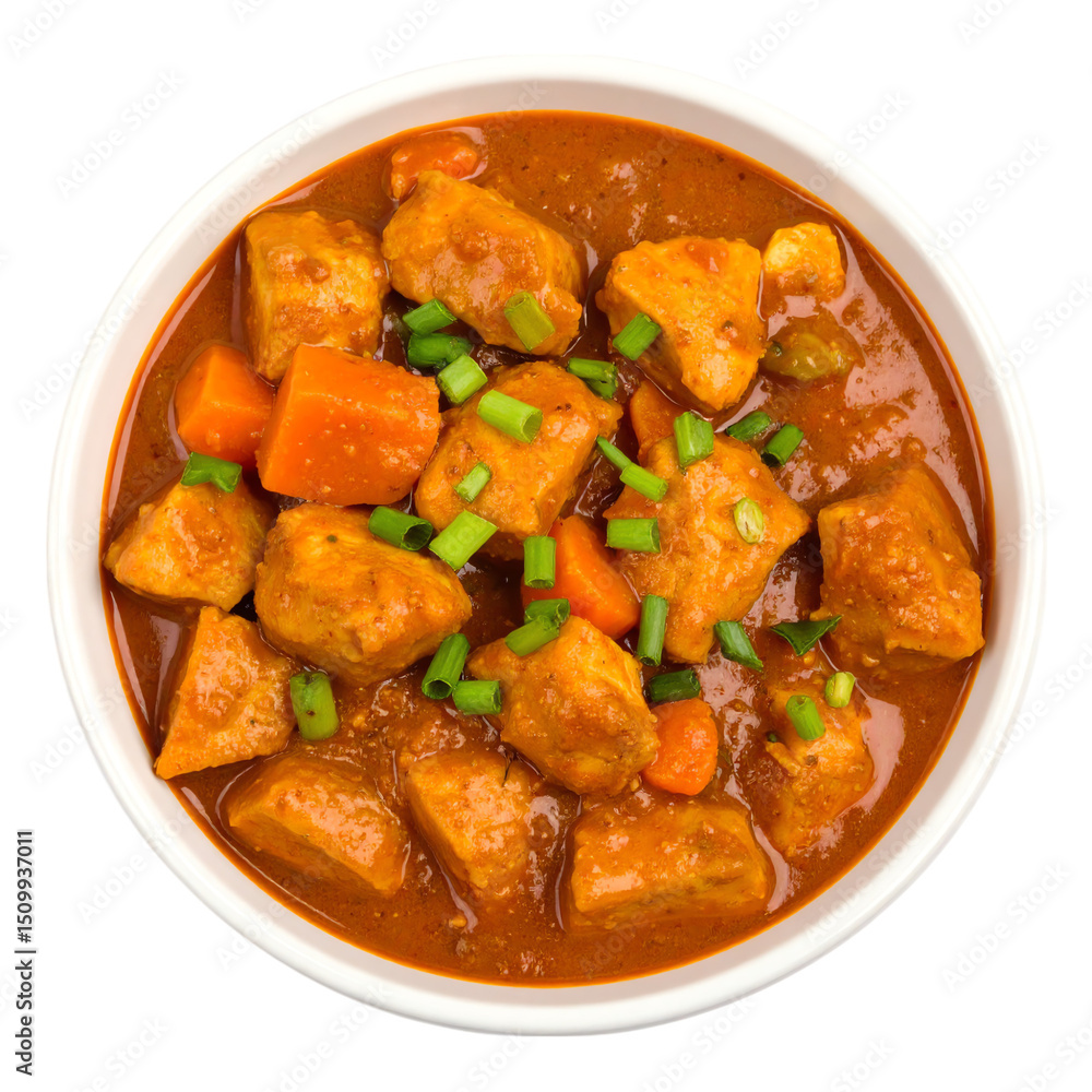 A bowl of hearty stew with chunks of meat, carrots, and green onions in a rich, savory sauce A bowl of hearty stew with chunks of meat, carrots, and green onions in a rich, savory sauce