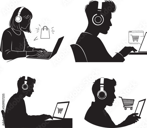 Online Shopping Silhouettes with Laptops and Tablets, Vector Silhouettes of Online Buyers with Carts