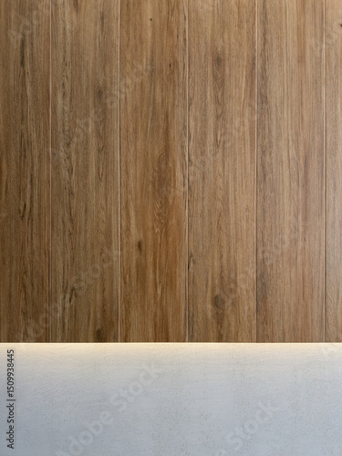 Wallpaper Mural Stylish Wooden Wall Paneling with Concrete Base and Ambient Lighting Torontodigital.ca
