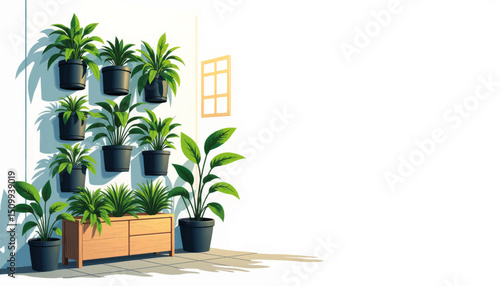 Vertical indoor garden with green plants and geometric design, nature