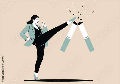 Empowered woman kicking broken cigarette quitting smoking for health and freedom concept vector illustration