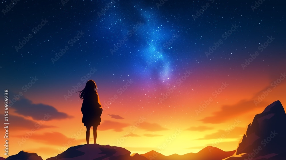 Naklejka premium 夜空の背景とアニメ調の美少女