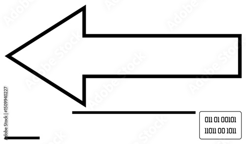 Bold left arrow with binary code segment suggesting direction, digital signals, and data flow. Ideal for tech, communication, navigation, coding, programming education marketing. Simple landing