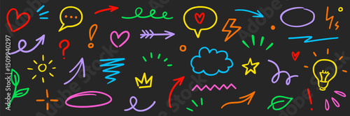 Line marker hand color brush icon set. Arrow stroke sketch pencil underline drawn element colorful shape for text design. Hand drawn heart crown star symbol with playful doodle. Vector illustration