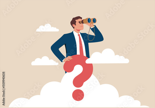 Businessman with binoculars standing on cloud with red question mark searching for answers concept vector illustration