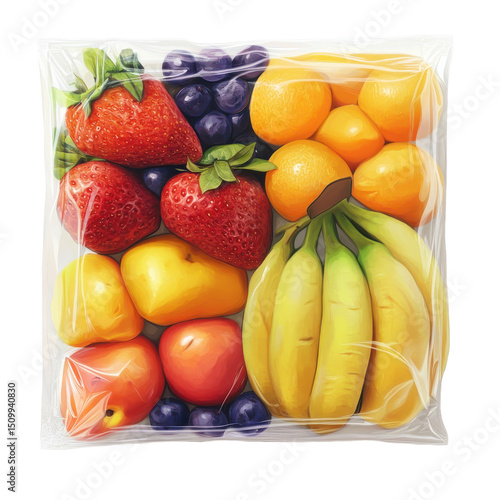 Fresh Mixed Fruits in a Clear Plastic Bag with Strawberries, Bananas, and Oranges for Healthy Snacking on transparent background