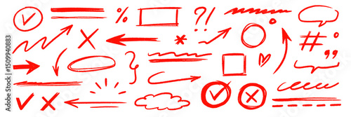Hand drawn line arrow chalk brush stroke red icon set. Red crayon underline, check mark, scribble shapes with rough texture. Hand style symbols, arrows, star and frame highlight. Vector illustration