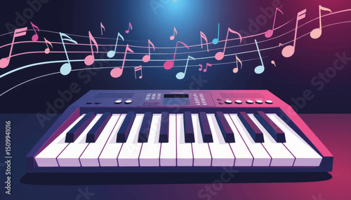 Vibrant digital piano with floating musical notes, creative expression