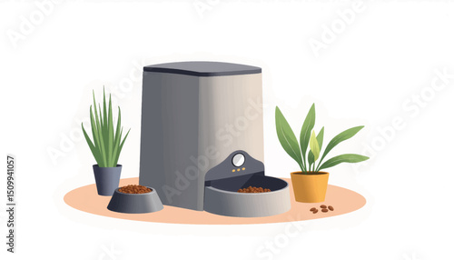 Stylish automatic pet feeder with plants, modern home convenience