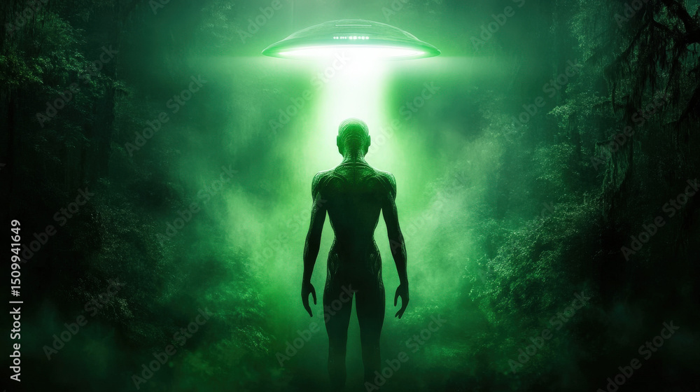 Alien Encounter in the Forest: A mysterious, humanoid alien stands silhouetted against a vibrant green forest, with a hovering UFO casting an eerie green glow. Alien Encounter in the Forest: A mysterious, humanoid alien stands silhouetted against a vibrant green forest, with a hovering UFO casting an eerie green glow.