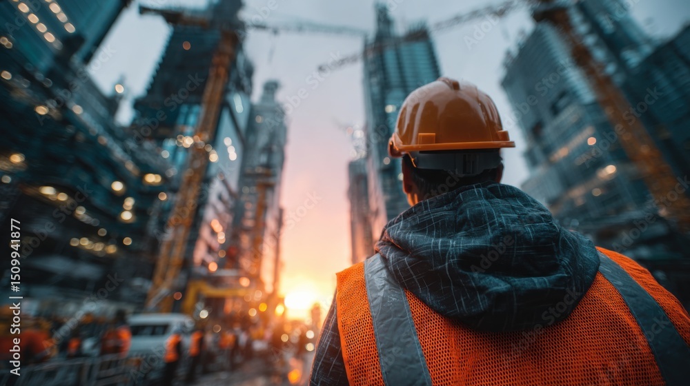 Construction worker observing urban development at sunset cityscape photography industrial environment rear view Construction worker observing urban development at sunset cityscape photography industrial environment rear view