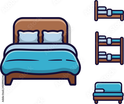 Set of bed icons including double bed, single bed, bunk bed, and sofa bed in flat vector style for bedroom furniture design illustration