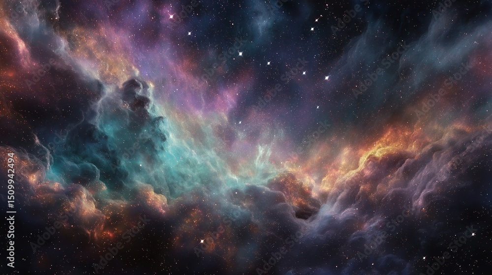 A stunning and colorful galactic nebula, featuring swirling clouds of gas and brilliant stars against a deep black cosmic background A stunning and colorful galactic nebula, featuring swirling clouds of gas and brilliant stars against a deep black cosmic background