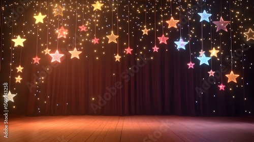 A school talent show stage decorated with stars and string lights