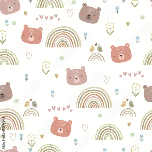 Hand drawn bears, rainbows, flowers and hearts. Vector seamless pattern.