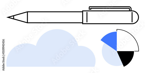 Pen symbolizes writing and ideas, semicircular pie chart conveys data analysis, cloud hints at digital storage and innovation. Ideal for writing, creativity, learning, analytics, storage, technology