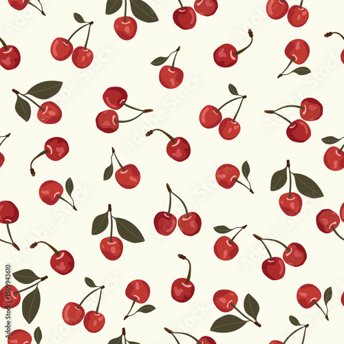 Pattern with red cherries and leaves on white background. Summer seamless pattern with red berries. Vector illustration.