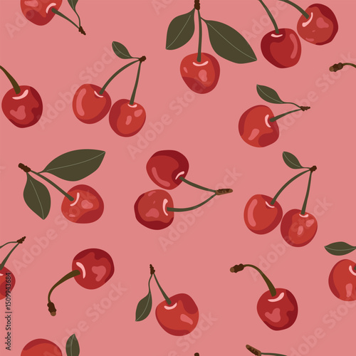 Cherries on pink background. Red cherries cute seamless  pattern for wrapping paper, wallpaper, fabric.	
