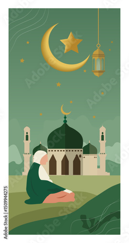 Tranquil Islamic Illustration with Crescent Moon, Holy Book, and Lanterns-02