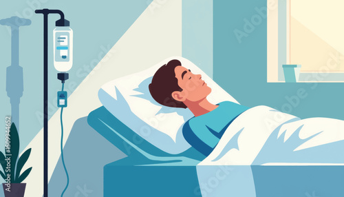 Cancer patient resting peacefully with IV drip in hospital room, hope