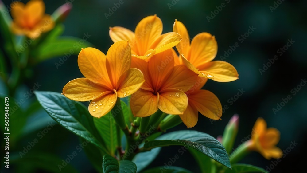 Vibrant Golden Blooms with Dewdrops on Lush Green Foliage, a Close-Up Botanical Image Vibrant Golden Blooms with Dewdrops on Lush Green Foliage, a Close-Up Botanical Image