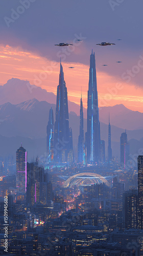 Futuristic cityscape at dusk with neon lights and drones flying