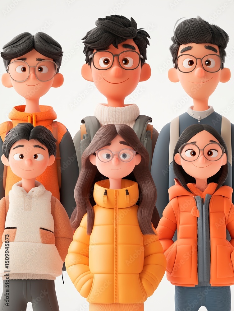 Naklejka premium A simple 3D cartoon character portrait illustrations of 6 different quirky young adult characters. The background color should be white to create contrast
