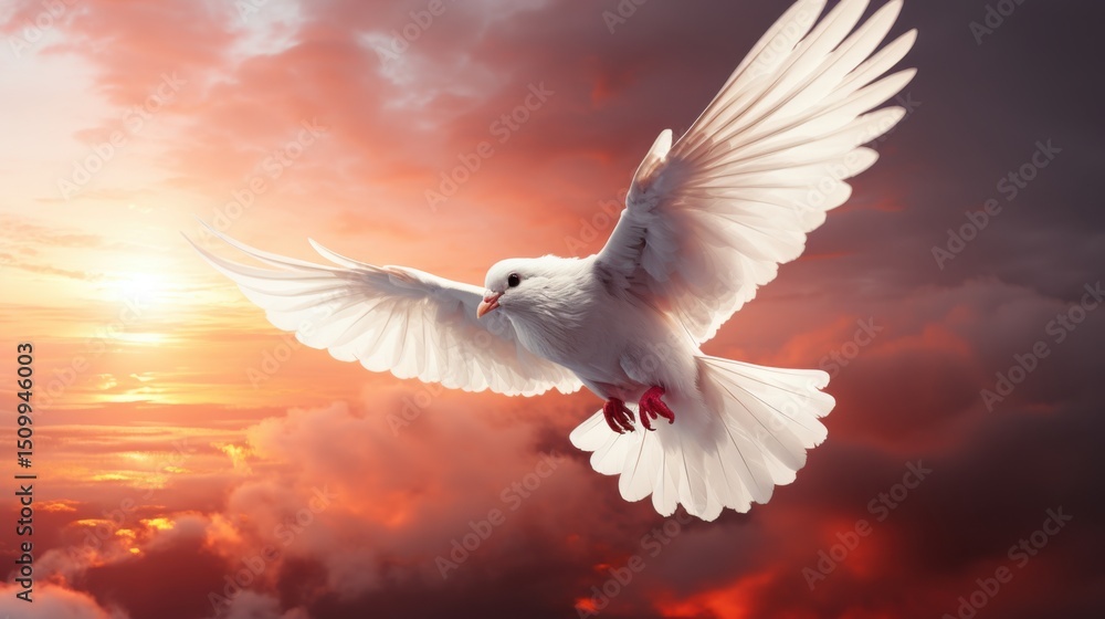 Obraz premium Dove soaring at sunset over cloudy sky wildlife photography serene environment aerial view symbol of peace