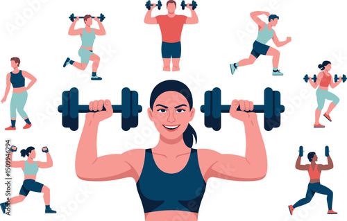Fitness workout illustrations with diverse men and women exercising with dumbbells, strength training, cardio, active lifestyle, healthy living, gym exercises, and weightlifting vector set
