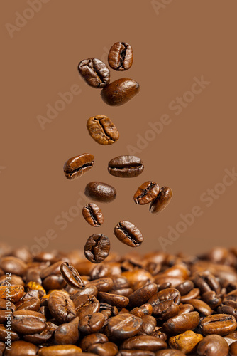 Closeup coffee beans levitating, abstract concept