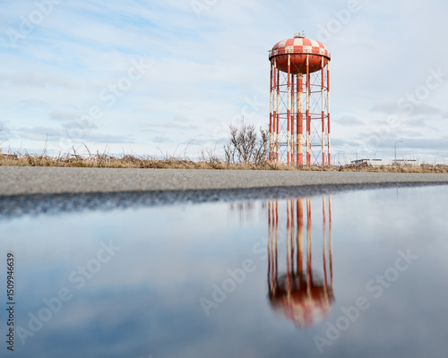Water tower reflecting in puddle by roadside