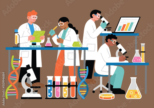 Diverse Scientists Conducting Experiments in Modern Laboratory Vector Illustration