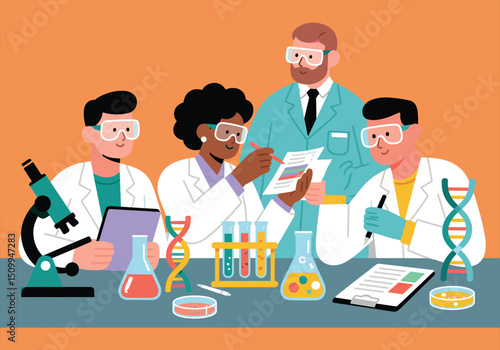 Scientists Conducting Laboratory Research with Test Tubes and Microscope Vector Illustration, scientists, laboratory, laboratory research, scientists conducting research