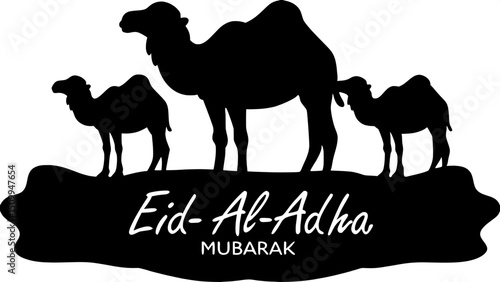 Top-down perspective of three solid red silhouettes — a large central camel, a medium ram, and a small young goat, symbolically arranged and slightly overlapping. A black and white background enhances