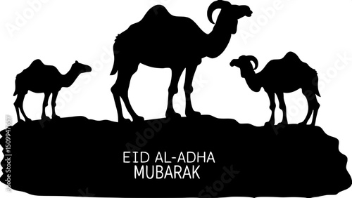 Top-down perspective of three solid red silhouettes — a large central camel, a medium ram, and a small young goat, symbolically arranged and slightly overlapping. A black and white background enhances