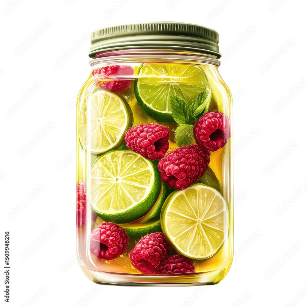 Refreshing Raspberry Lime Infused Water in a Jar for Hydration and Wellness on transparent background Refreshing Raspberry Lime Infused Water in a Jar for Hydration and Wellness on transparent background