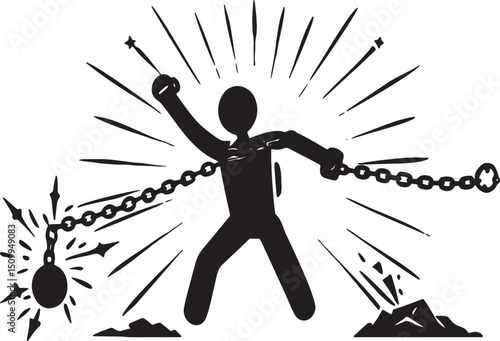 Breaking Free: A silhouette figure powerfully smashes through chains, representing triumph over adversity and the liberating strength found within. 